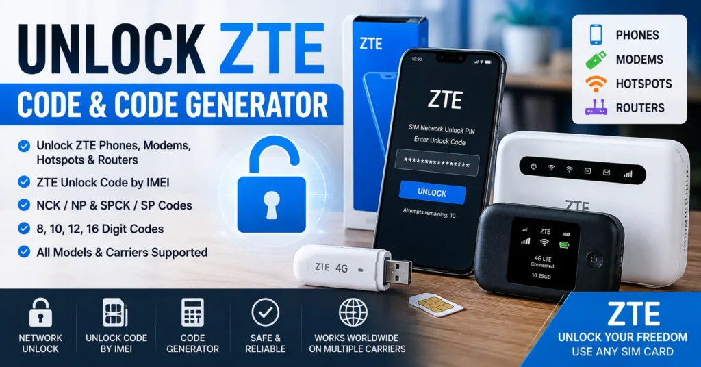 ZTE unlock code generator for unlocking ZTE phones, modems, hotspots and routers