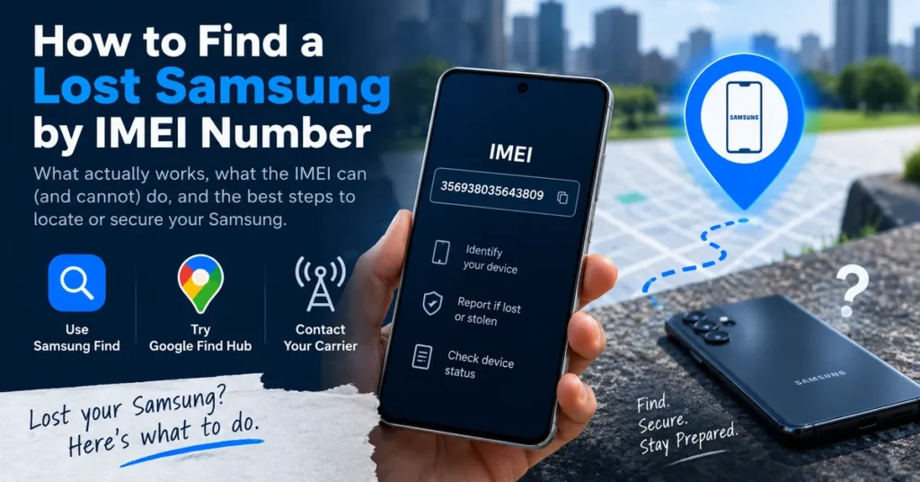 Lost Samsung phone with IMEI number and location tracking options