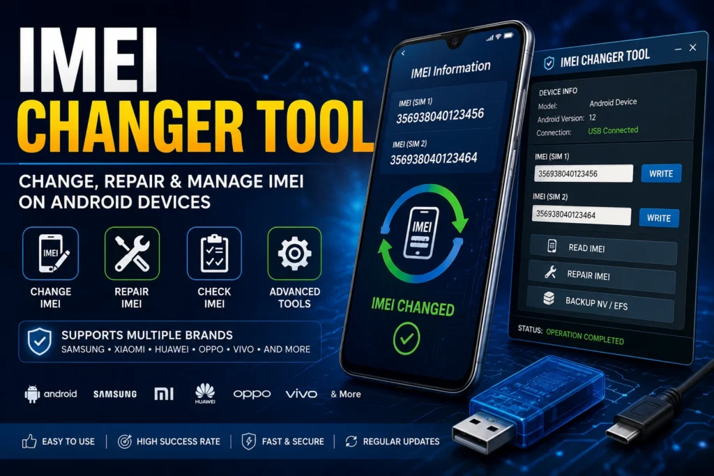 IMEI changer tool for Android phone showing IMEI information and repair options