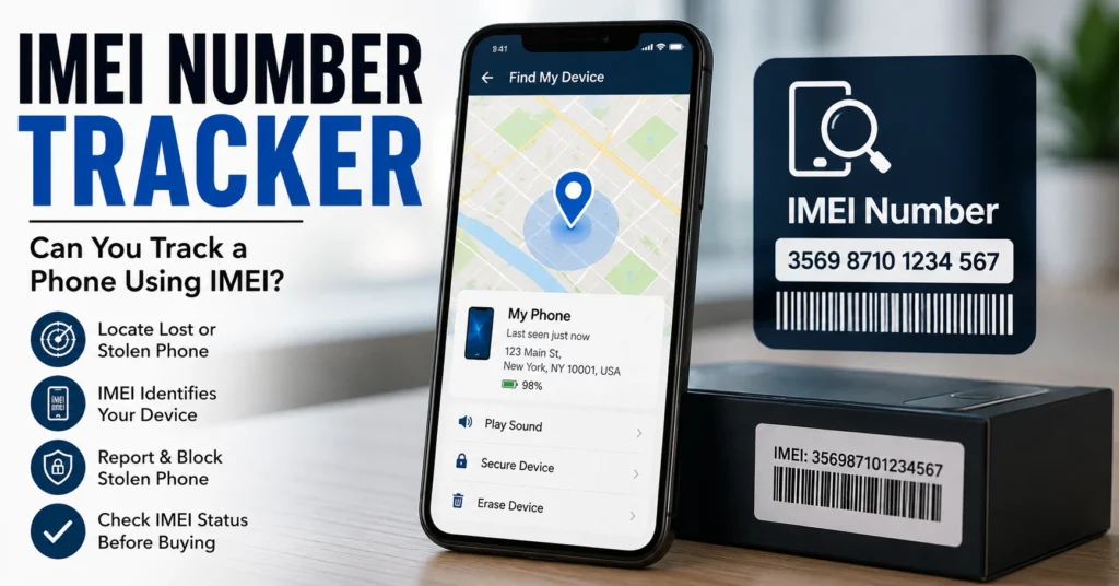 IMEI number tracker showing a smartphone location and IMEI information