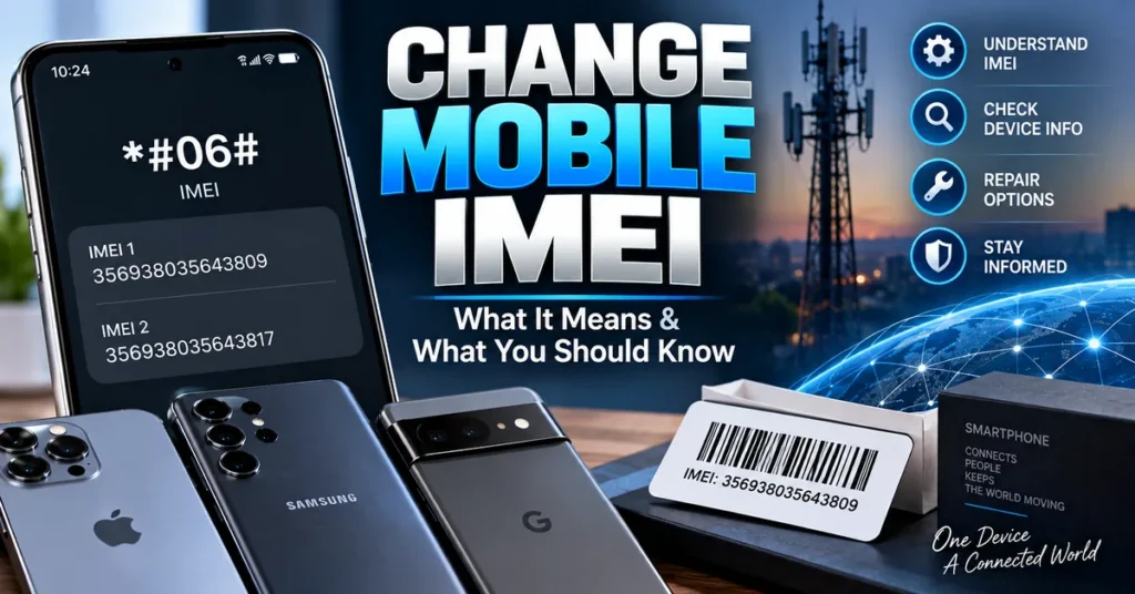 Change mobile IMEI guide showing a smartphone with IMEI information and mobile device identifiers
