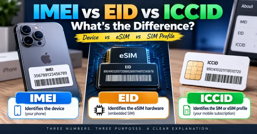 IMEI vs EID vs ICCID showing the differences between phone, eSIM hardware, and SIM profile identifiers