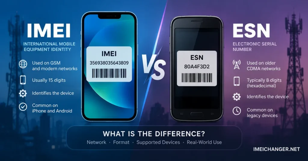 IMEI vs ESN comparison showing the differences between modern IMEI and older ESN phone identifiers