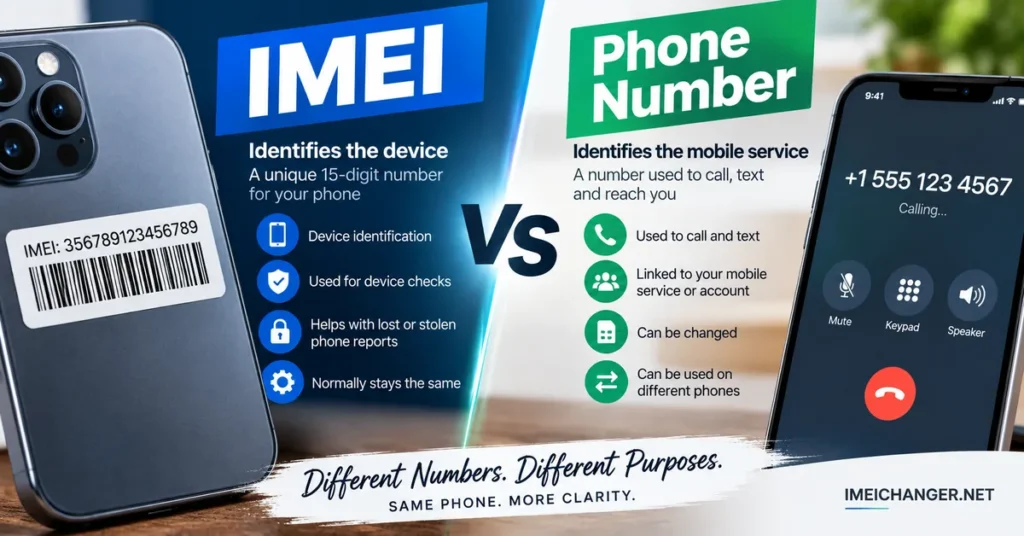 IMEI vs phone number comparison showing the difference between device and mobile service identifiers