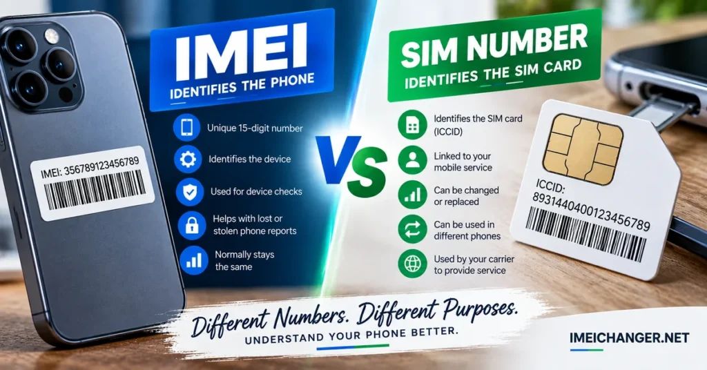 IMEI vs SIM number comparison showing the difference between device and SIM identifiers