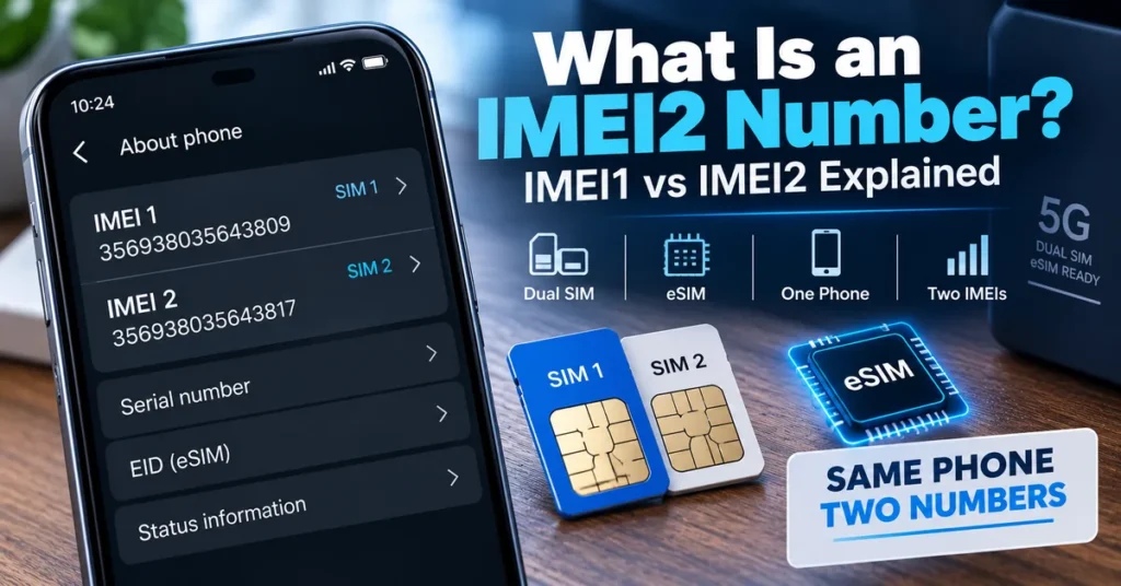 IMEI1 and IMEI2 displayed on a smartphone showing two cellular device identifiers