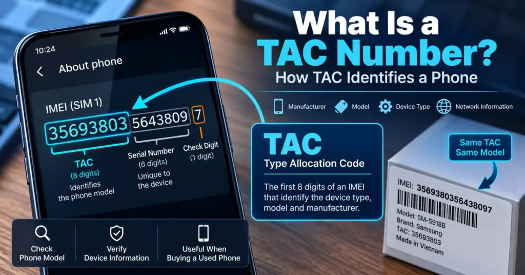 TAC number highlighted as the first 8 digits of an IMEI used to identify a phone model